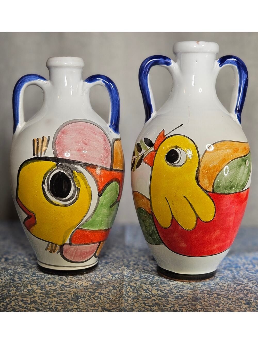 Nino Parrucca Sicilian Pottery Vases - Authentic Pair (Fish & Bird)